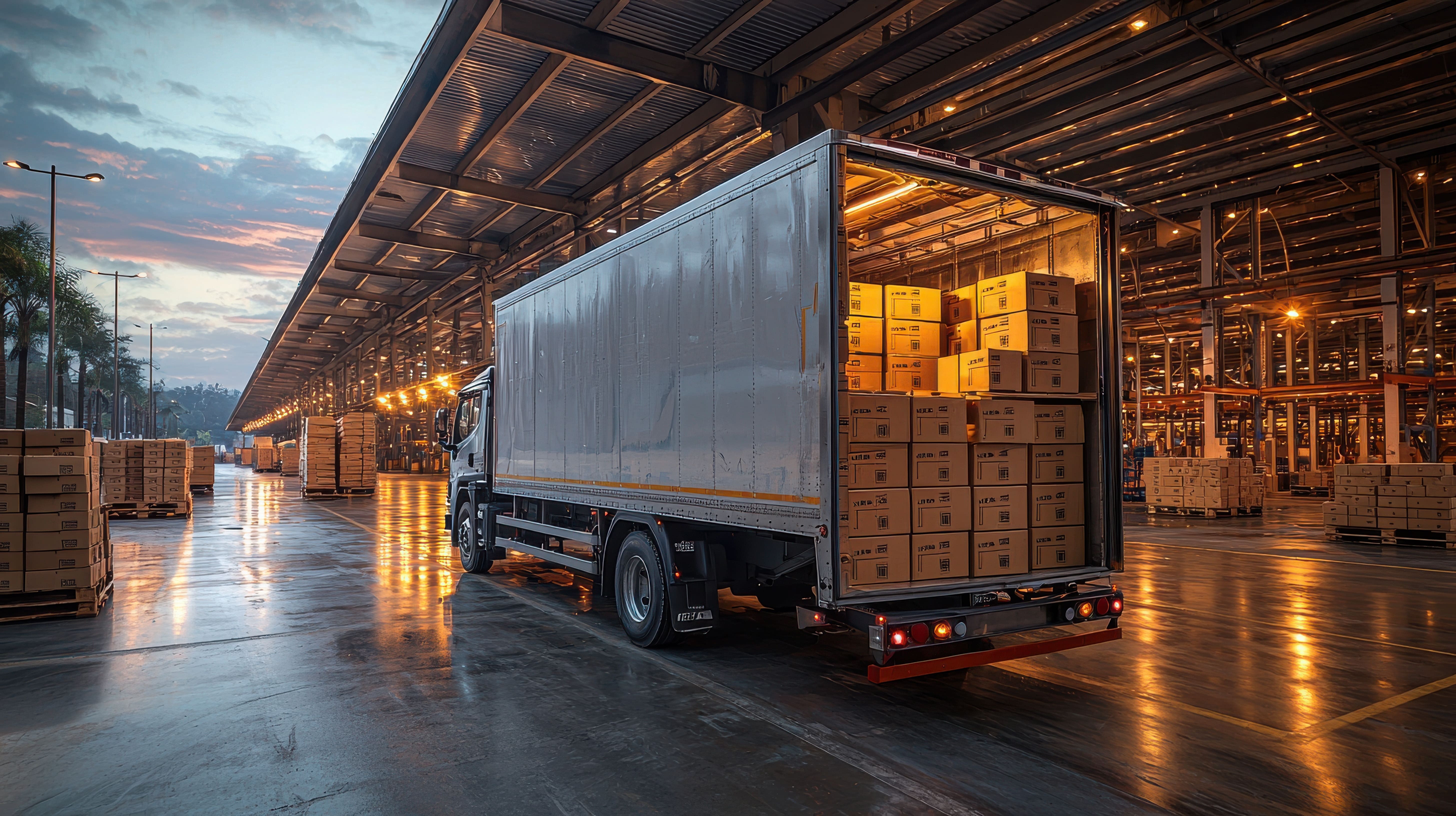 Trucks on a highway at sunset, representing the logistics industry