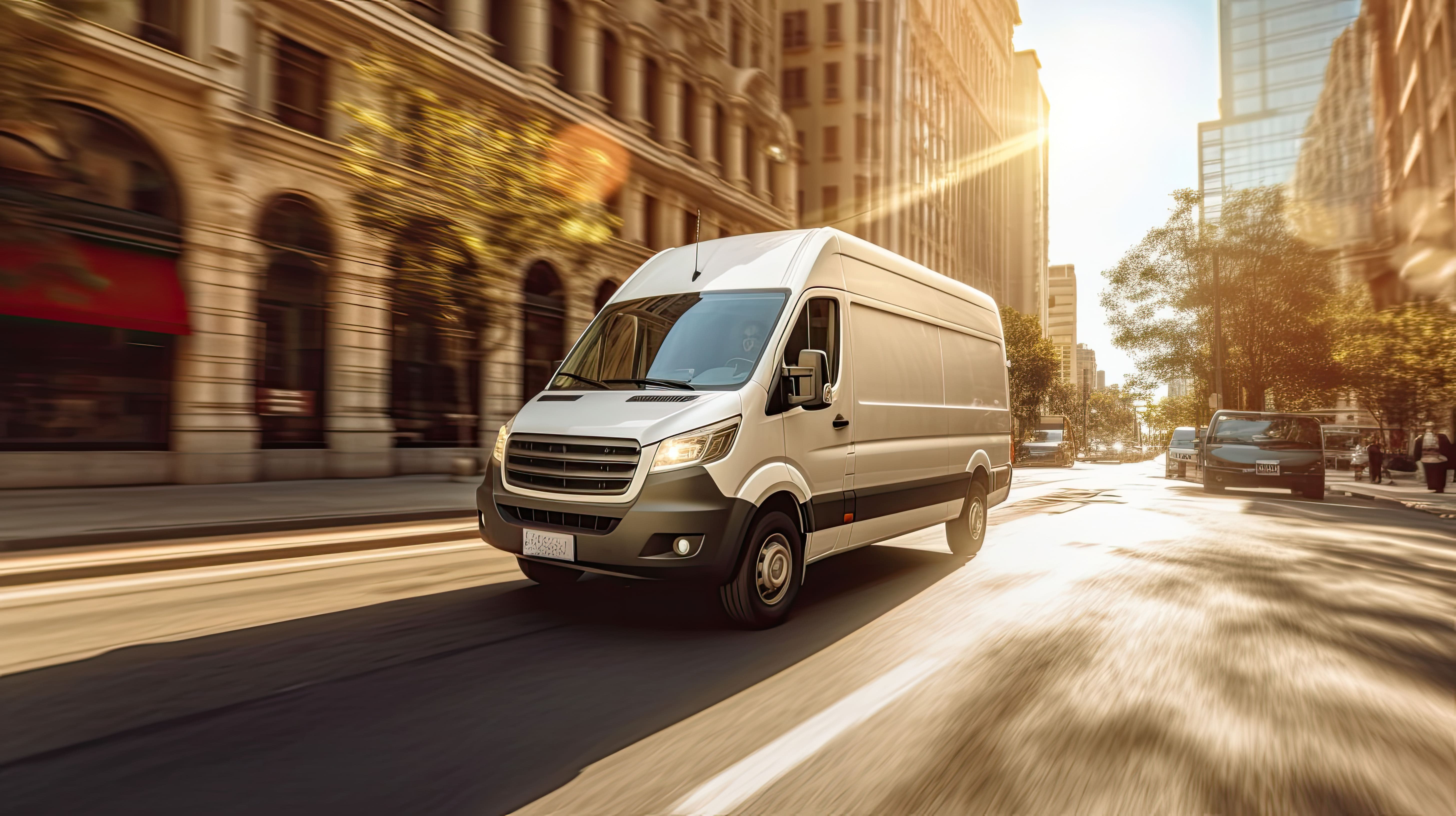 White delivery van driving on a city street with blurred background and sun flare