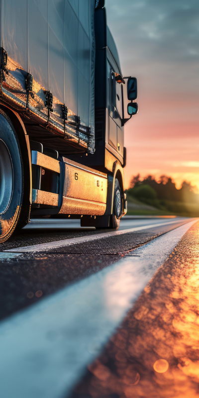 Truck wheels on highway at sunset with golden lighting