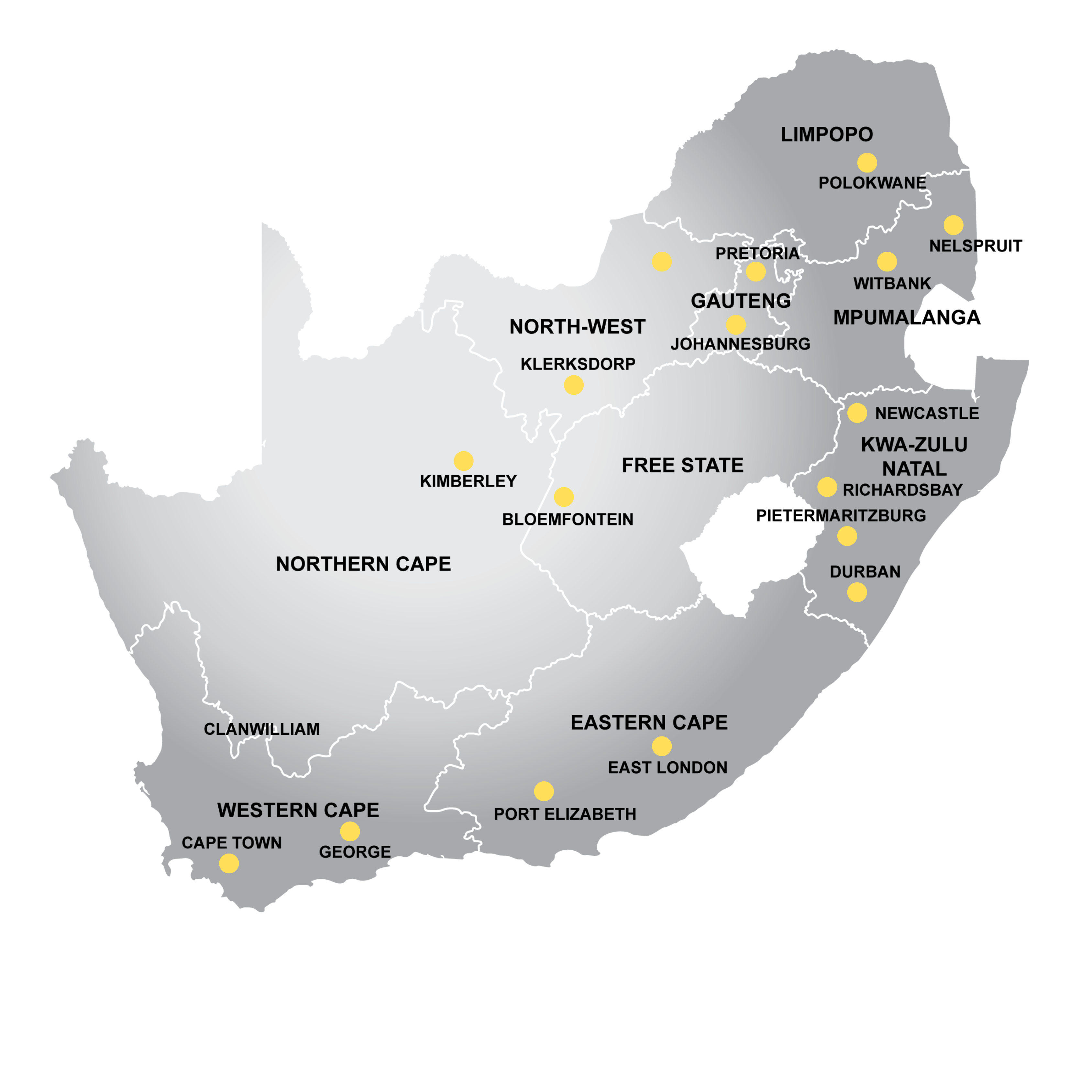 South Africa Service Area Map showing provinces and major cities