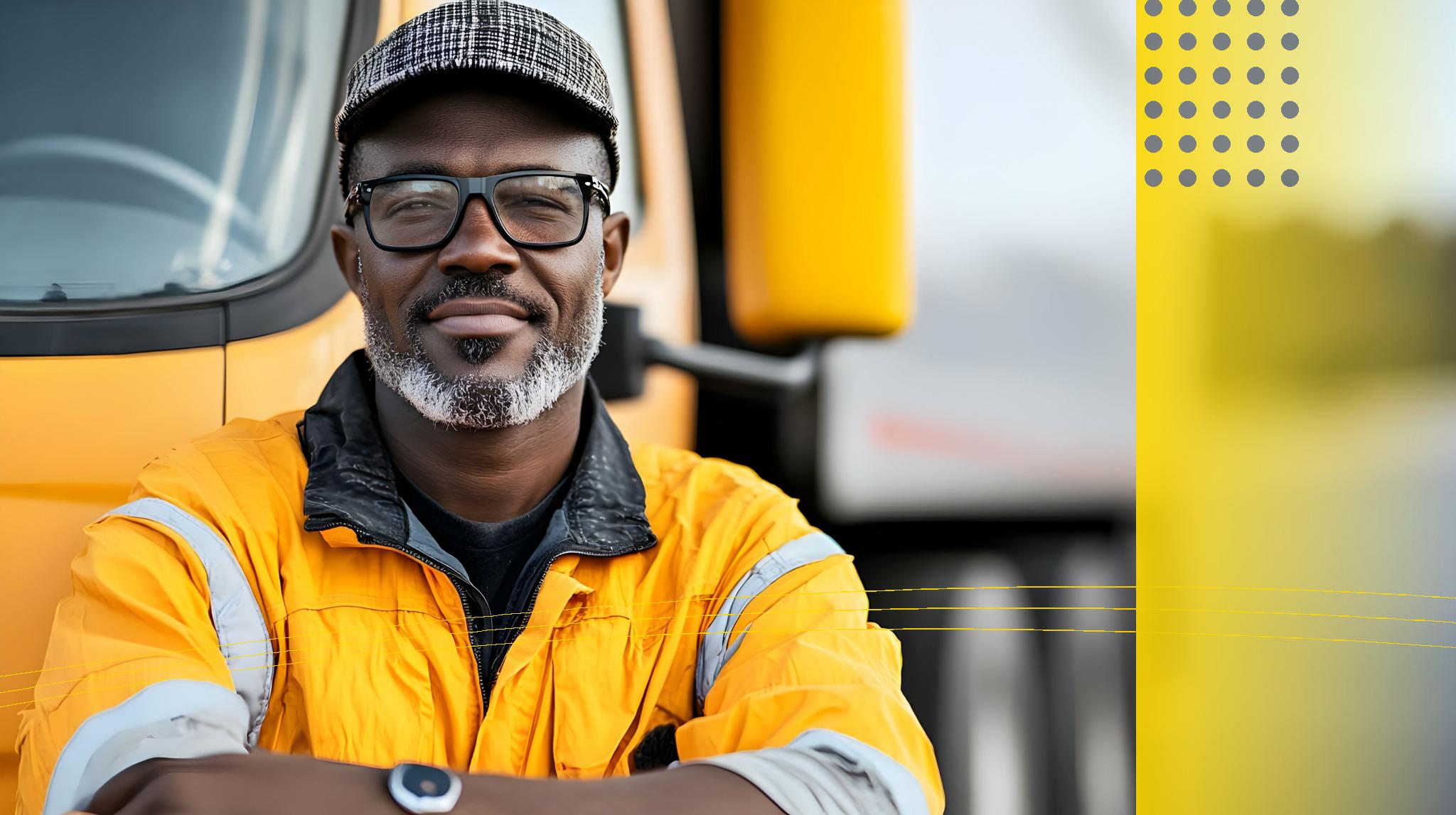 Smiling logistics worker in yellow safety jacket and cap standing by truck