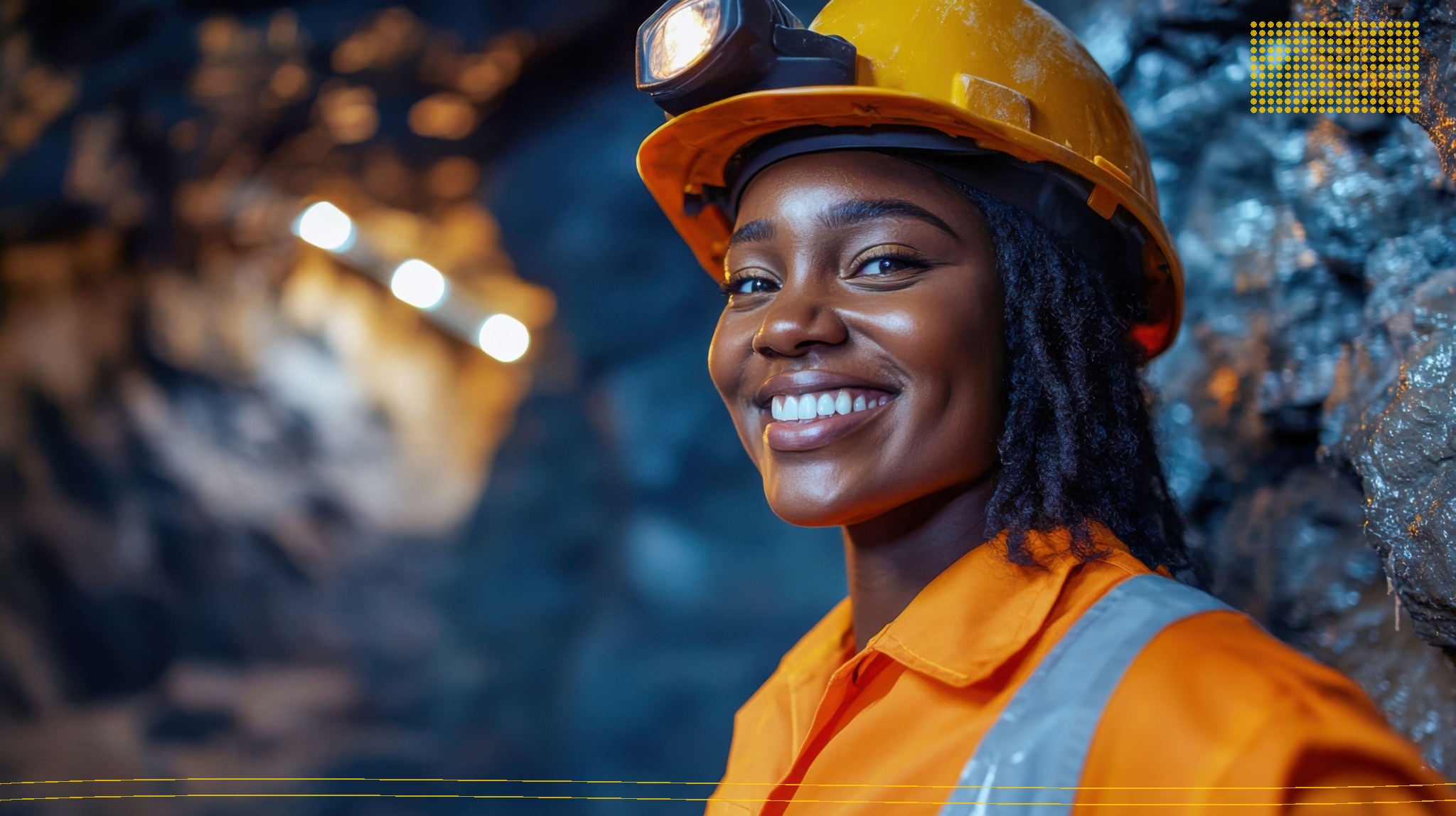 Smiling professional woman in yellow hard hat and safety vest